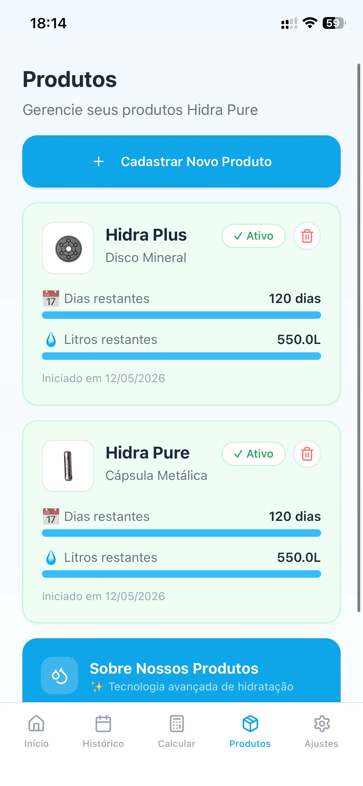 Tela do app Hidra Pure — Meu Dia